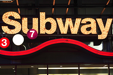 Neon Subway sign, Times Square, Manhattan, New York City, United States of America, North America