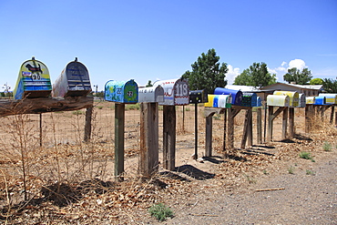 Painted rural mailboxes, Galisteo, Santa Fe County, New Mexico, United States of America, North America