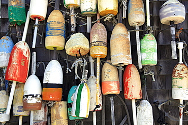 Lobster buoys, Cape Cod National Seashore, Orleans, Cape Cod, Massachusetts, New England, United States of America, North America