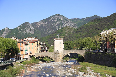 Village of Sospel, Old Town, Toll Bridge, Bevera River, Roya Valley, Alpes-Maritimes, Cote d'Azur, Provence, France, Europe