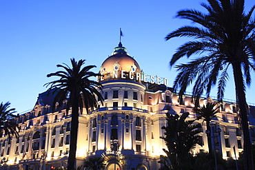 Hotel Negresco at night, Promenade des Anglais, Nice, Cote d'Azur, Alpes Maritimes, Provence, French Riviera, France, Europe