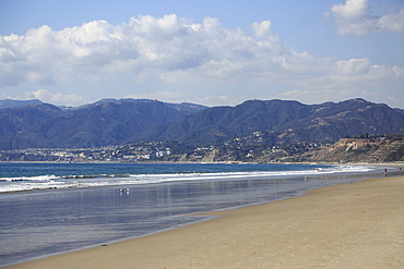 Beach, Santa Monica, Pacific Ocean, Malibu Mountains, Los Angeles, California, United States of America, North America