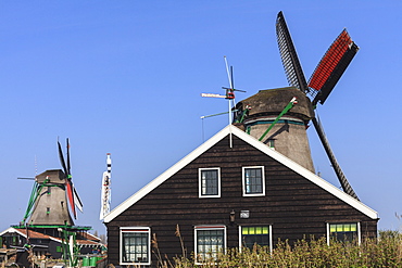 Preserved historic windmills and houses in Zaanse Schans, a village and working museum on the banks of the river Zaan, near Amsterdam, Zaandam, North Holland, Netherlands, Europe