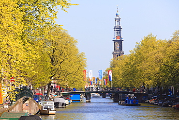 Westerkerk church tower by Prinsengracht Canal, Amsterdam, Netherlands, Europe 