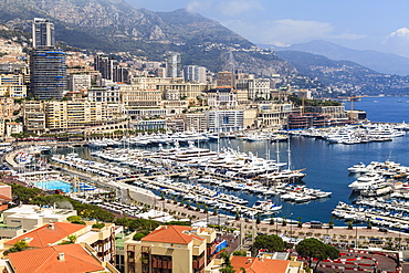 High angle view of Monaco and harbour, Monaco, Mediterranean, Europe