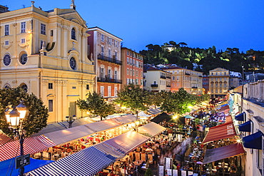 Open air restaurants in Cours Saleya, Nice, Alpes-Maritimes, Provence, Cote d'Azur, French Riviera, France, Europe