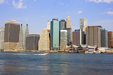 Lower Manhattan skyline and South Street Seaport across the East River, New York City, New York, United States of America, North America