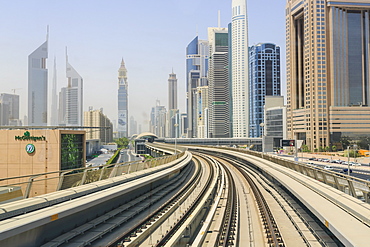 Elevated Metro track on Sheikh Zayed Road, Dubai, United Arab Emirates, Middle East 