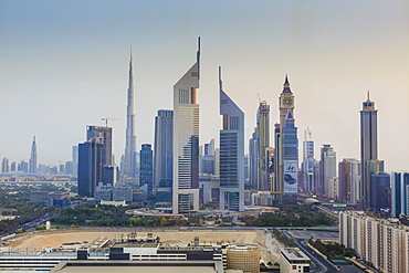 Dubai cityscape with Burj Khalifa and Emirates Towers, Dubai, United Arab Emirates, Middle East