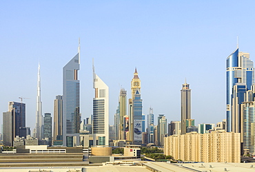 Dubai cityscape with Burj Khalifa and Emirates Towers, Dubai, United Arab Emirates, Middle East