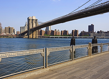 Brooklyn Bridge spanning the East River from Fulton Ferry Landing, Brooklyn, New York City, New York, United States of America, North America