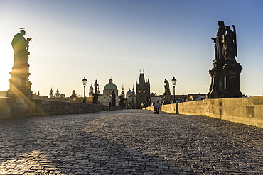 Sunrise on Charles Bridge, UNESCO World Heritage Site, Prague, Czech Republic, Europe