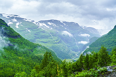 A view of waterfalls and forest from the Flam Railway, Flamsbana, Flam, Norway, Scandinavia, Europe