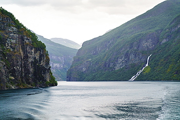 The Suitor Waterfall lies directly opposite the Seven Sisters Waterfall, Geirangerfjord, UNESCO World Heritage Site, Norway, Scandinavia, Europe