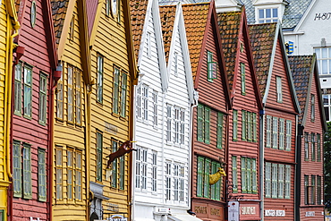 The wooden Hanseatic merchants buildings of the Bryggen, an ancient fjordside wharf, now a major tourist attraction, UNESCO World Heritage Site, Bergen, Norway, Scandinavia, Europe