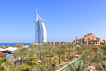 Burj Al Arab viewed from the Madinat Jumeirah Hotel, Jumeirah Beach, Dubai, United Arab Emirates, Middle East