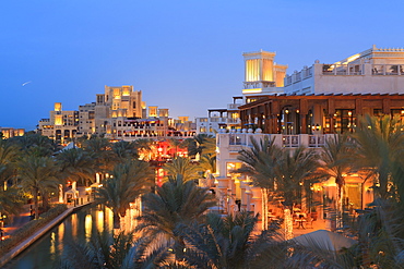 Arabesque architecture of the Madinat Jumeirah Hotel at dusk, Jumeirah Beach, Dubai, United Arab Emirates, Middle East