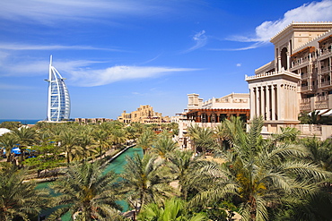 Burj Al Arab and Madinat Jumeirah in foreground, the iconic Burj Al Arab is the World's tallest hotel at 321 metres, Jumeirah, Dubai, United Arab Emirates, Middle East