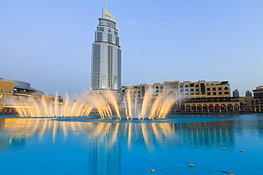 Downtown district with the Dubai Fountain, Address Building and Palace Hotel, Dubai, United Arab Emirates, Middle East