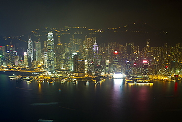 High view of the Hong Kong Island skyline and Victoria Harbour at night, Hong Kong, China, Asia