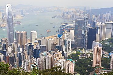 High view of the Hong Kong Island skyline and Victoria Harbour from Victoria Peak, Hong Kong, China, Asia