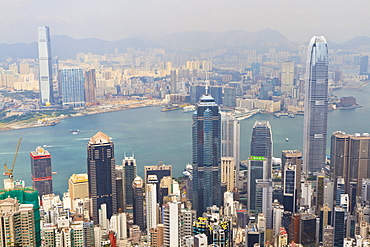 High view of Hong Kong skyline and Victoria Harbour from Victoria Peak, Hong Kong, China, Asia