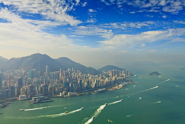 High view of the Hong Kong Island skyline and Victoria harbour, Hong Kong, China, Asia