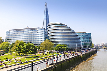 South Bank with City Hall, Shard London Bridge and More London buildings, London, England, United Kingdom, Europe