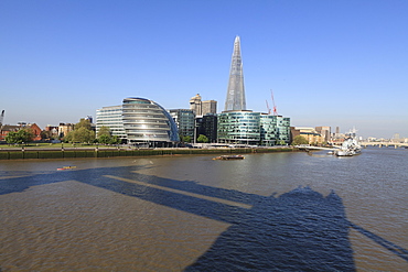 South Bank with City Hall, Shard London Bridge and More London buildings with the shadow of Tower Bridge in the foreground, London, England, United Kingdom, Europe