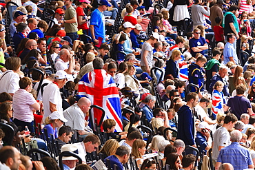 Crowd of British spectators with Union flags in a sports arena, London, England, United Kingdom, Europe