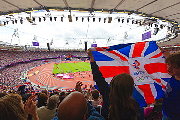 Spectators with Team GB Union flags in the Olympic Stadium, 2012 Olympic Games, London, England, United Kingdom, Europe