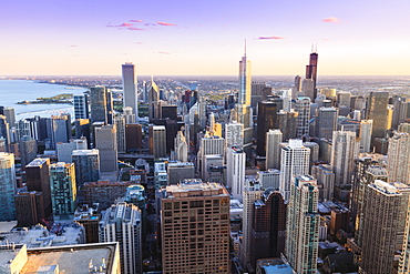 High angle view of Chicago skyline and suburbs looking south in the late afternoon, Chicago, Illinois, United States of America, North America .