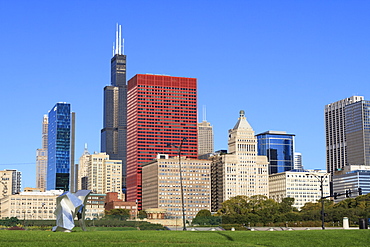 Tall buildings including the Willis Tower, formerly the Sears Tower from Grant Park, Chicago, Illinois, United States of America, North America 