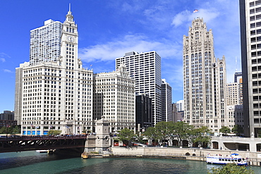 The Wrigley Building and Tribune Tower, across the Chicago River to North Michigan Avenue, Chicago, Illinois, United States of America, North America 