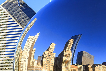 Skyscrapers reflecting in the Cloud Gate sculpture, Millennium Park, Chicago, Illinois, United States of America, North America 