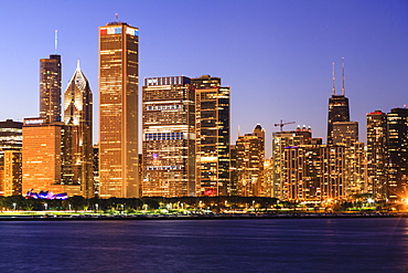 Chicago cityscape at dusk viewed from Lake Michigan, Chicago, Illinois, United States of America, North America