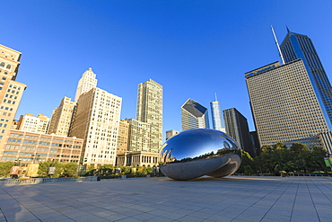 Cityscape of Millennium Park and the Cloud Gate steel sculpture by Anish Kapoor, Chicago, Illinois, United States of America, North America