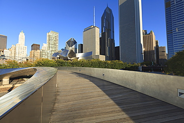 Cityscape from the BP Pedestrian Bridge designed by Frank Gehry which links Grant Park and Millennium Park, Chicago, Illinois, United States of America, North America