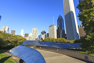 Cityscape from the BP Pedestrian Bridge designed by Frank Gehry which links Grant Park and Millennium Park, Chicago, Illinois, United States of America, North America