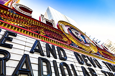 Close up of Chicago Theatre marquee, Chicgo, Illinois, United States of America, North America