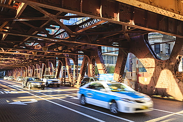 Traffic crossing Wells Street Bridge over the Chicago River, Chicago, Illinois, United States of America, North America