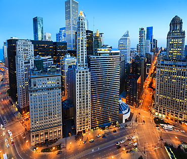 Cityscape at dusk, high angle view of the Loop district, Chicago, Illinois, United States of America, North America