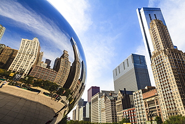 Tall buildings on North Michigan Avenue reflecting in the Cloud Gate steel sculpture by Anish Kapoor, Millennium Park, Chicago, Illinois, United States of America, North America