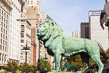 One of the two iconic bronze lion statues outside the Art Institute of Chicago, Chicago, Illinois, United States of America, North America