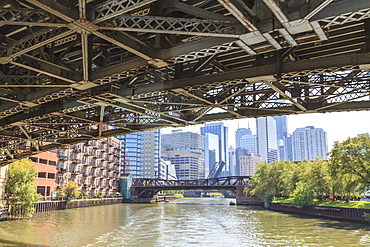 Under one of the many steel bridges that cross the Chicago River, Chicago, Illinois, United States of America, North America