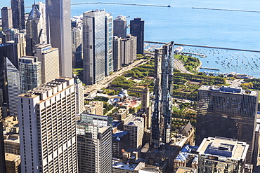 High angle view of Millennium Park and Lake Michigan, Chicago, Illinois