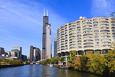 The south branch of the Chicago River, Willis Tower, formerly Sears Tower, in the centre, Chicago, Illinois, United States of America, North America