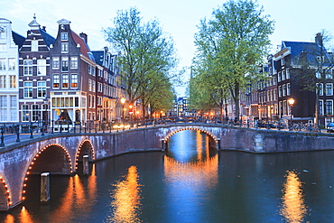 Keizersgracht and Leidsegracht canals at dusk, Amsterdam, Netherlands, Europe 