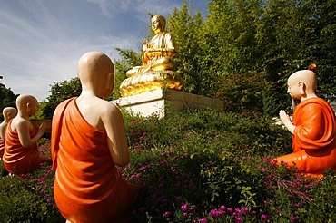 Statues of the Buddha with his disciples in Benares, Sainte-Foy-les-Lyon, Rhone, France, Europe