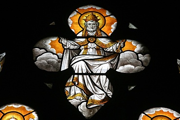 Stained glass window depicting God, Notre Dame de Beaune church, Beaune, Cote d'Or, Burgundy, France, Europe